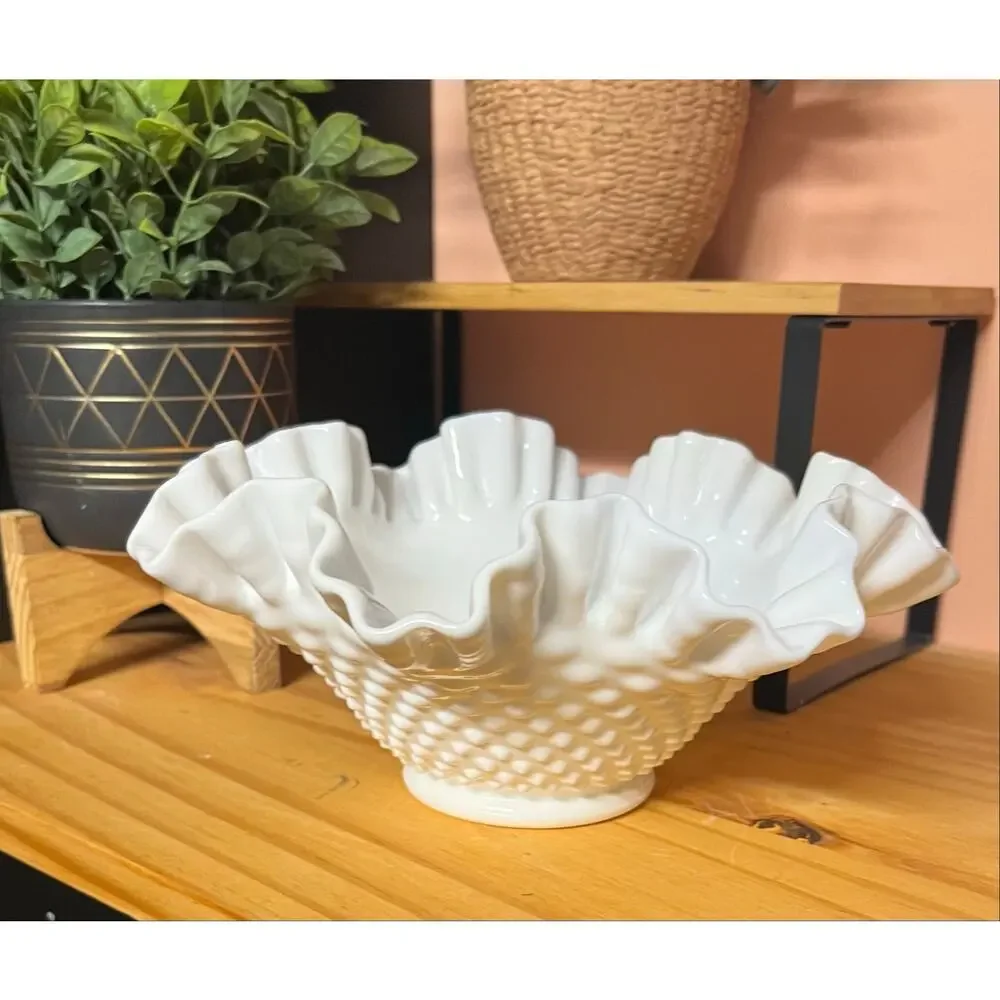 Vintage Fenton Hobnail 9” Double Crimped Top Bowl